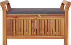 Solid Acacia Wood Patio Storage Bench with Cushion, 35.8 Inch Outdoor Bench for Garden, Curved Arms, Ample Storage for Pillows and Blankets
