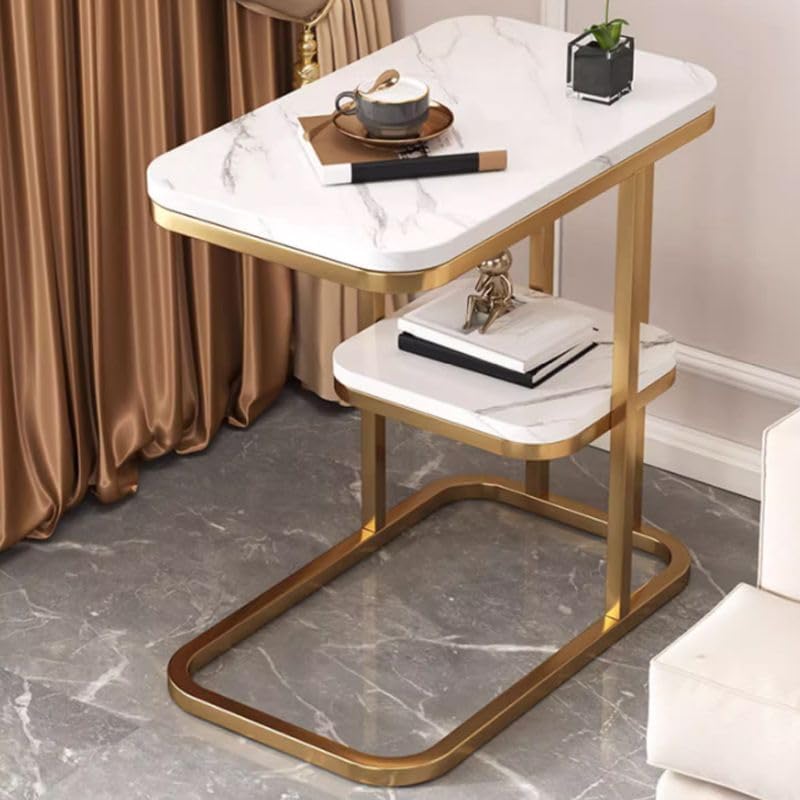 End Table, Modern Marble Side Table Sofa Table with Storage Shelf, Narrow Nightstand for Living Room Bedroom Office (Typ B, Gold-White)