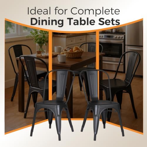 Metal Dining Chairs with Backrest, Stackable, Matte Black, 6 Pack | Easy Assembly, Non-Slip Feet, 330 lb Capacity, Kitchen, Restaurant, Cafe, Pub, Covered Patio