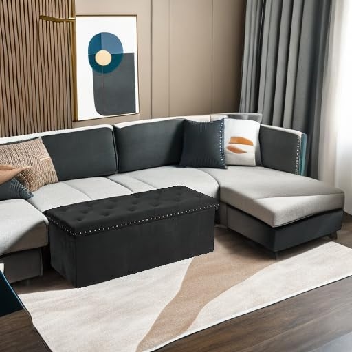 PINPLUS Folding Storage Ottoman Bench, Black Velvet | Large Storage Chest with Padded Seat, Footrest Stool and End of Bed Bench for Bedroom, Living Room and Entryway