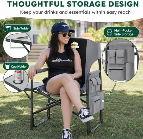 Colegence Oversized Directors Camping Chairs, 2 Pack, 600 lb, Black | Heavy duty outdoor chairs for adults, 28" wide seat, supportive back, side table, cup holder, detachable storage pocket