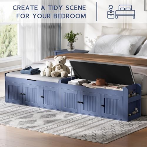 42.6" Storage Bench - Shoe Storage Bench with Side Storage Shelves and 3 Doors, Multifunctional Entryway Bench with Lift Top Cushion, Shoe Bench for Bedroom, Living Room, Entryway, Navy Blue
