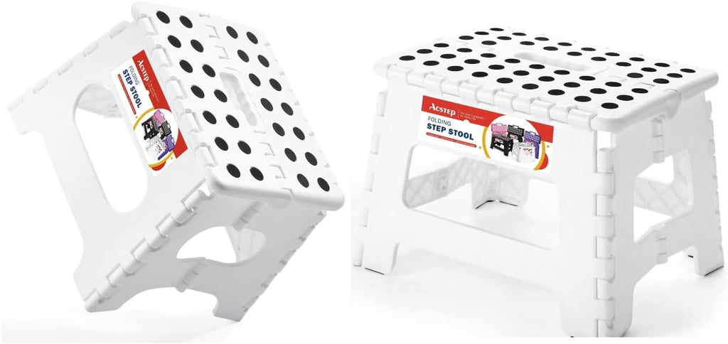 ACSTEP 7.5 and 9 Inch Folding Step Stool 2-Piece Set, 165/300 LB Capacity Plastic Foldable Stools with Handle, Non-Slip Step Stool, Home Use (White & White)