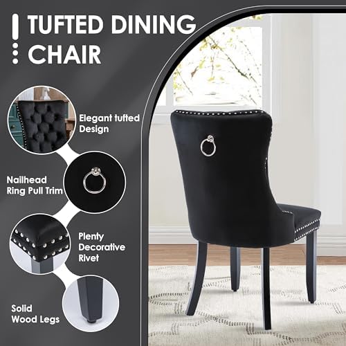 5 Pieces Modern Luxury Glass Dining Set, Minimalist Rectangle Dinner Room Set for 4, 47'' Black Glass Top Kitchen Table Set with Black Tufted Chairs, for Small Apartment Home