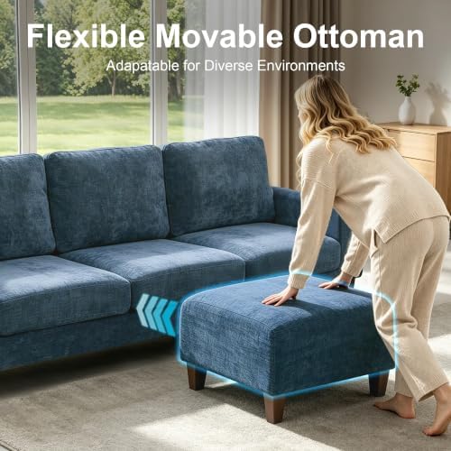 L Shaped Sectional Couch for Living Room, Modular Small Sofa with Ottoman | 96 Inch, 3 Deep Seats, Blue, Chenille, Easy Tool-Free Assembly, Modern Compact Sofa Set for Apartment, Office, Small Space