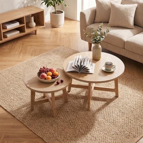 Set of 2 Round Nesting Coffee Tables, Natural Wood Finish Modern Side Tables, X-Shaped Frame Stackable End Tables for Living Room, Bedroom, Balcony 27.56&19.69
