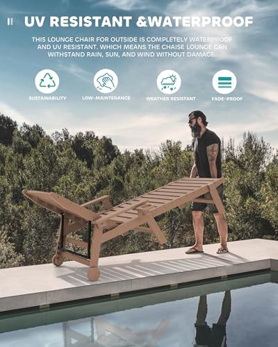 SERWALL HDPE Outdoor Lounge Chair Set of 2 with Cup Holder, Brown | with 5 Position Adjustable Backrest & Rolling Wheels