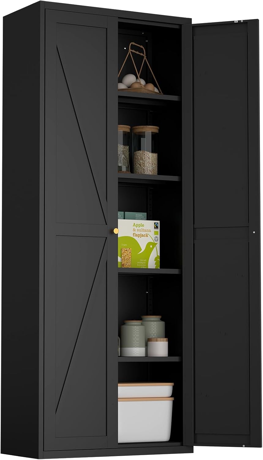 71" Tall Kitchen Pantry Storage Cabinet, Kitchen Storage Cabinet with Doors and 4 Adjustable Shelves, Metal Freestanding Cupboard for Garage Dining Room Living Room Bathroom, Black