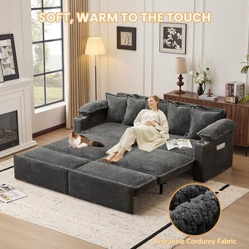 SUNWAVE 83" Sleeper Sofa, 3-in-1 Pull Out Sofa Bed Corduroy Couch Bed | Convertible Sleeper Couch with USB Ports, Cup Holders & Side Pockets for Living Room, Small Spaces