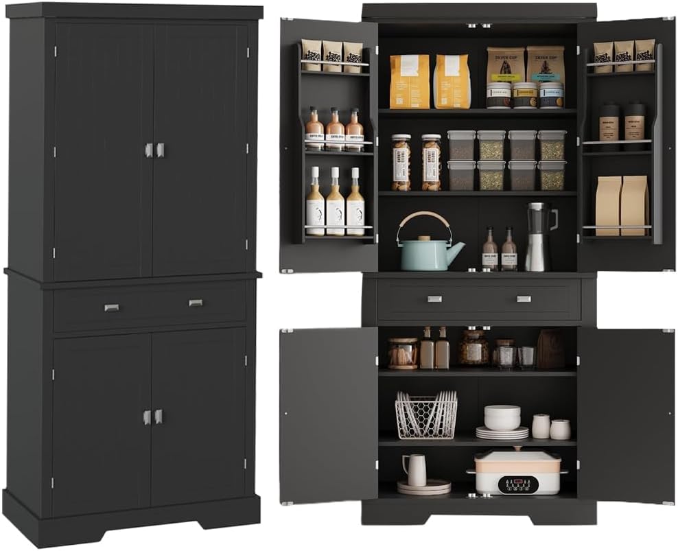 71.7 Inch Kitchen Pantry Cabinet,Freestanding High Cupboard Bathroom Storage Cabinet with 2 Drawer & Cabinets, 3 Adjustable Shelves, 6 Door Shelves,for Living Room, Kitchen Black