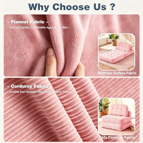 Folding Sofa Bed, Flannel Futon Couch Bed with Pillow and Blanket, Convertible Sleeper Chair for Living Room Bedroom (Two Pink)