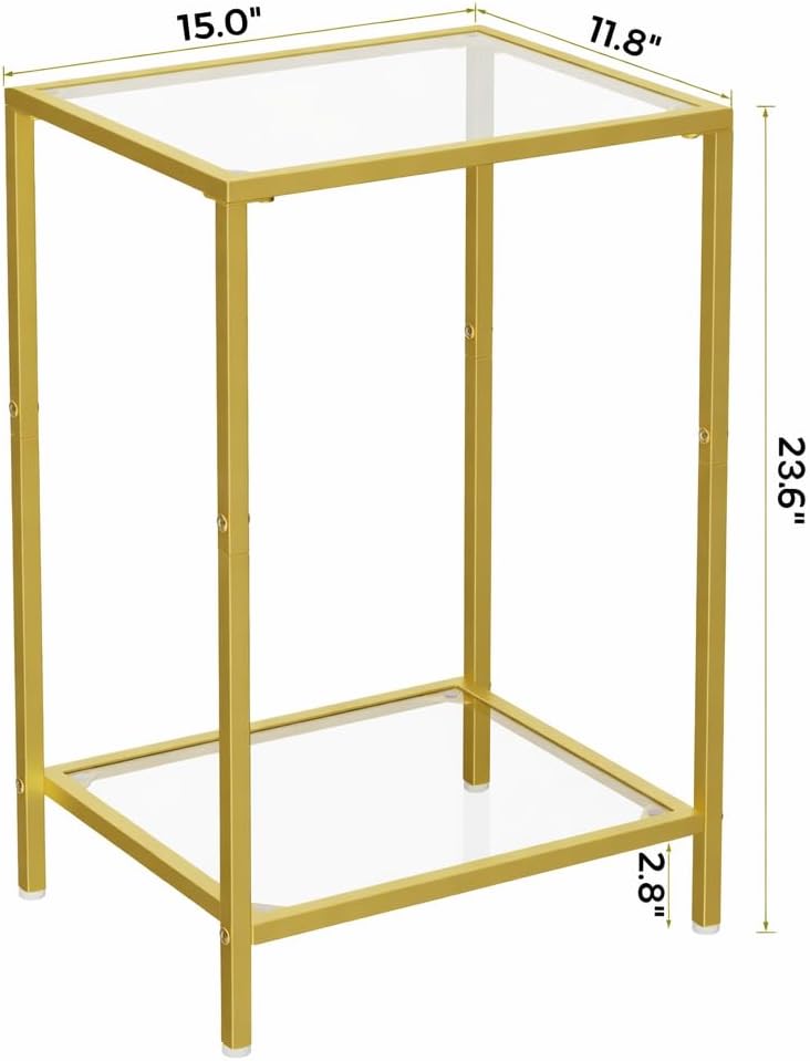 HOMSHO Side Tables Set of 2, End Tables with Tempered Glass, 2-Tier Nightstands with Storage Shelves, Coffee Table with Modern Style, Slim Sofa Table for Living Room, Bedroom, 11.8" D x 15" W, Gold