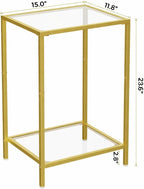 HOMSHO Side Tables Set of 2, End Tables with Tempered Glass, 2-Tier Nightstands with Storage Shelves, Coffee Table with Modern Style, Slim Sofa Table for Living Room, Bedroom, 11.8" D x 15" W, Gold