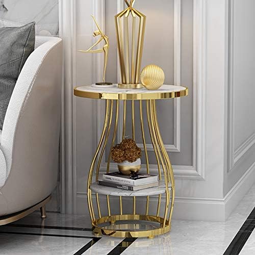 Telephone Table, Nordic Modern 2-Tier Side Table Living Room Marble Round Telephone Table Golden Wrought Iron Coffee Table,50x63CM (Color:White)