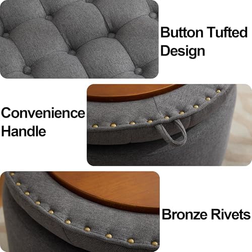 24'' Round Ottoman Coffee Table with Storage, Upholstered Tufted Ottoman with Flip Tray, Solid Wood Legs for Living Room, Bedroom, Dark Grey