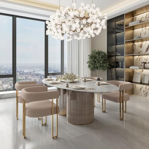Khaki Velvet Barrel Dining Chairs Set of 2, Modern Upholstered Dining Room Chairs with Gold Metal Legs&Armrest, Boucle Dining Chair Kitchen Chair for Restaurant Banquet