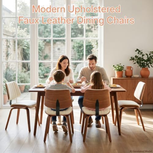 Dining Chairs Set of 4, Mid Century Modern Dining Walnut Chairs,Beige | Faux Leather Dining Chair with Upholstery and Bentwood Open Backrest, Armless Dining Room Sets for Kitchen,Study Room