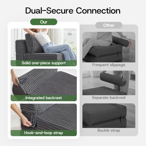 Convertible 4-in-1 Folding Sofa Bed Sleeper Chair Couch Foldable Chaise Lounger & Mattress Pocket Coils+Foam Fill Medium Support, No Assembly for Living Room/Bedroom, Single