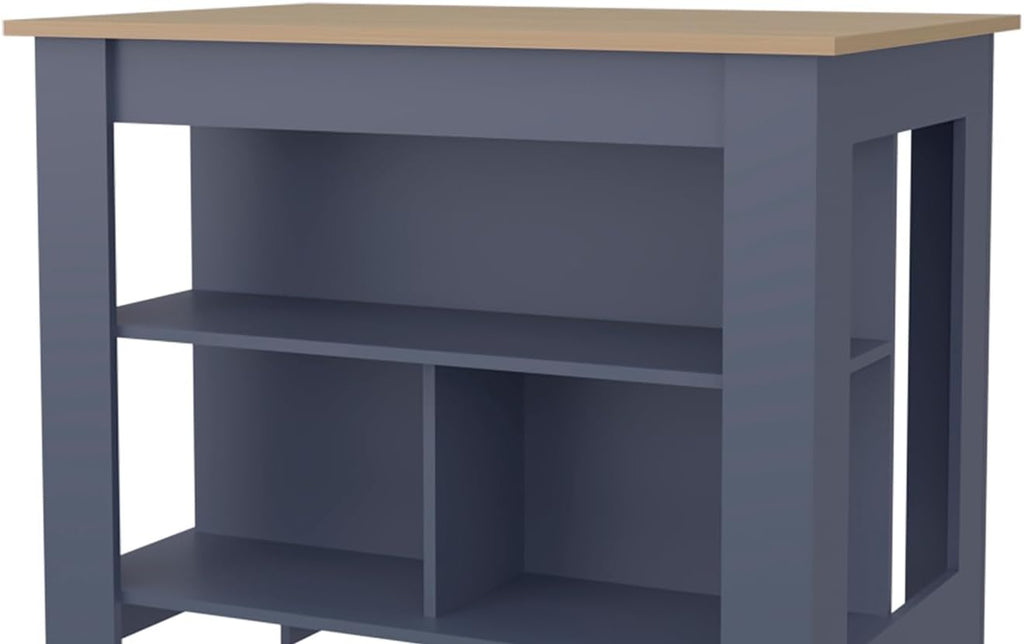 Ash and Blue Kitchen Island with Open Shelf, Particle Board | Two-tone finish with open shelves for organized storage