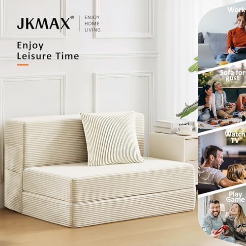 JKMAX Queen Size Folding Sofa Bed - 4 in 1 Convertible Sleeper Chair with Two Pillows - High Density Memory Foam Futon Couch - Foldable Bed for Living Room Bedroom (Beige)