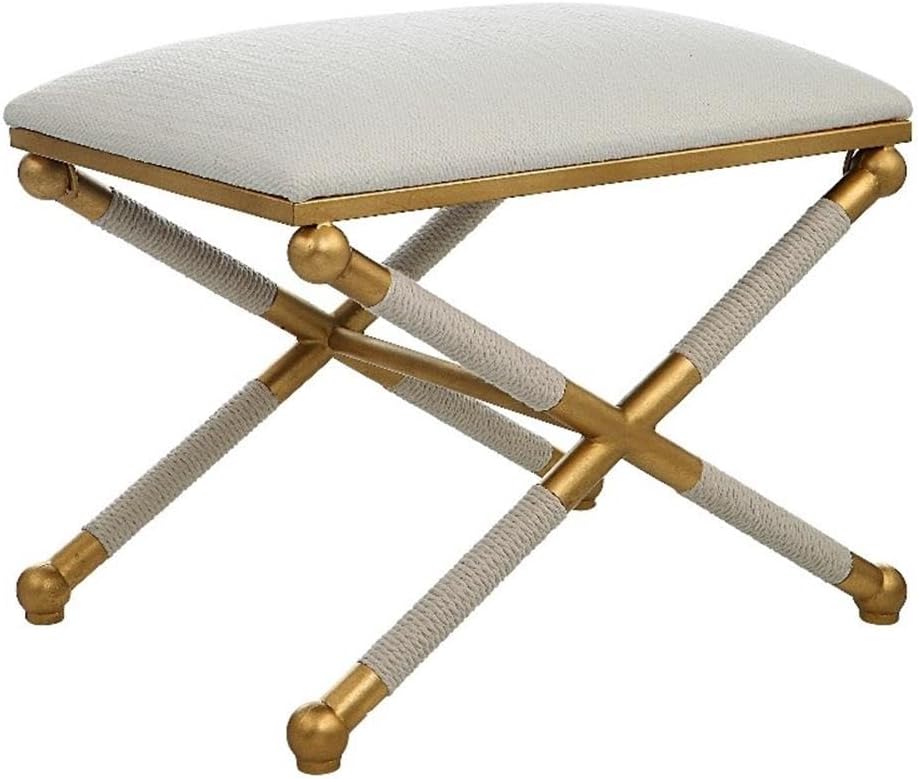 BOWERY HILL Contemporary Small Bench, 24"x17"x20.25", Iron Base Gold Leaf Finish, White Polyester Upholstery, Braided Rope Detailing, Living Room Seating or Accent Piece