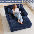 50" x 68" Corduroy Chaise Lounge, Cup Holders, Blue | Oversized corduroy chaise with a deep sleeper seat, built-in cup holders, and 3 pillows for reading, lounging, or naps.