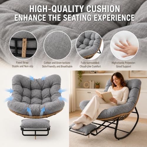 Oversized Rocking Chair with Zero-Gravity Foot Rest & Ottoman, Comfy Lounge Chair for Patio, Porch, Balcony, Indoor Reading Nook, Big Cozy Chaise Chair for Outdoor & Home Use, Grey