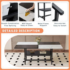 71" Dinner Table Set for 6, Modern Dining Table Set for 6, Black and White Splicing Tabletop with Storage Shelf, White Faux Marble Dining Table and 6 Black Upholstered Chairs for Kitchen, Dining Room