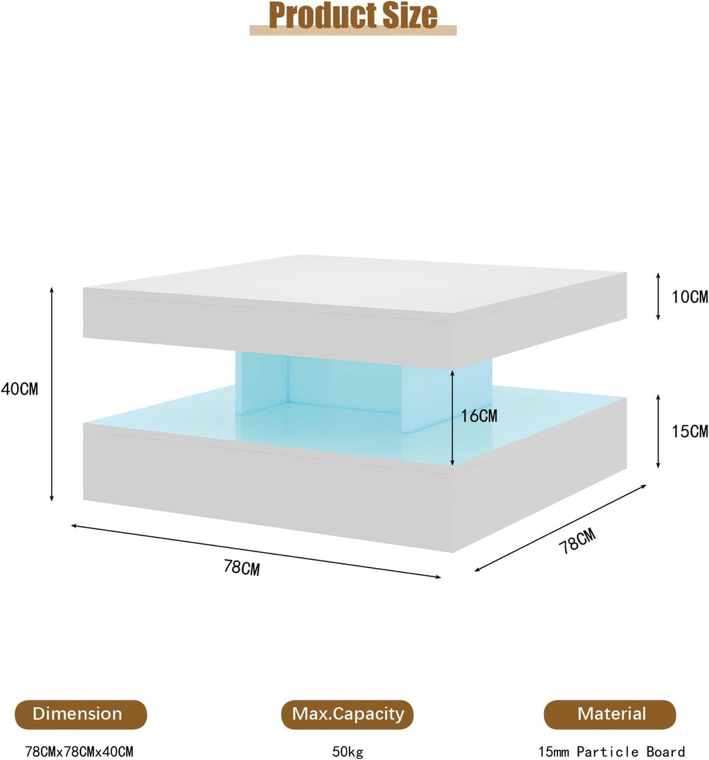 HedoAjim White LED Coffee Table for Living Room, 2-Tier Square Center Table Living Room Table, Modern High Glossy Contemporary Wood Coffee Tables with Storage, Suitable for Dining Reception