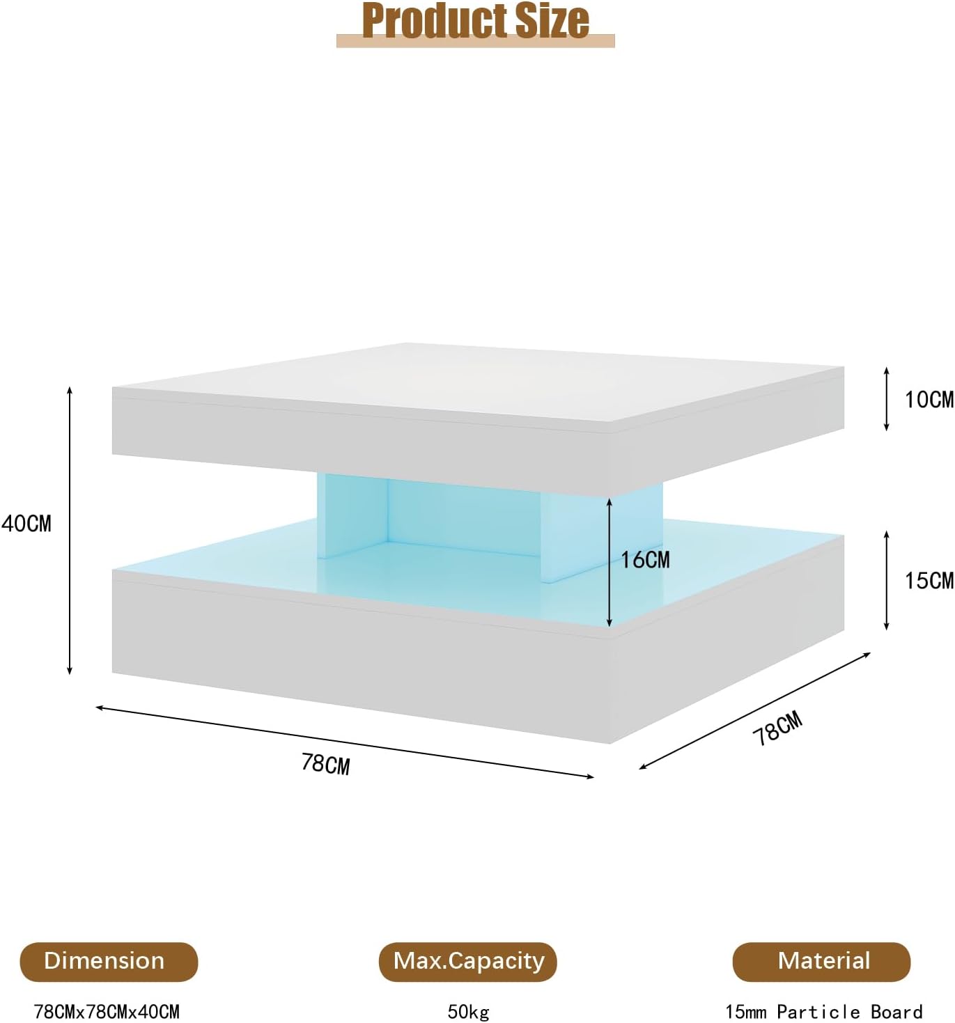 HedoAjim White LED Coffee Table for Living Room, 2-Tier Square Center Table Living Room Table, Modern High Glossy Contemporary Wood Coffee Tables with Storage, Suitable for Dining Reception