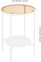 2 Tier Round Side Table with Tempered Amber Glass Top, White Metal End Table for Small Spaces, Bedroom, Living Room,Cute Retro Aesthetic Nightstand, Modern Vibe Accent Table for Plant & Decor