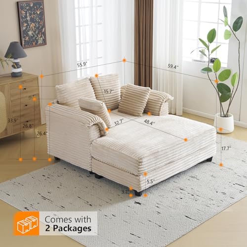VINGLI 56" Oversized Chaise Lounge Chair, Beige Comfy Corduroy Chaise Sofa Recliner Bed Upholstered Sleeper Couch Bed with Throw Pillows and Armrests for Living Room, Movie Room, Bedroom