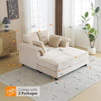 VINGLI 56" Oversized Chaise Lounge Chair, Beige Comfy Corduroy Chaise Sofa Recliner Bed Upholstered Sleeper Couch Bed with Throw Pillows and Armrests for Living Room, Movie Room, Bedroom