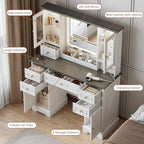 Vanity Desk with Mirror & Lights, Makeup Vanity with Power Outlet & USB Ports, Farmhouse Dressing Table, 6 Drawers & 4 Storage Cabinets, RGB Cabinet Lighting, 3-Color Dimmable Mirror