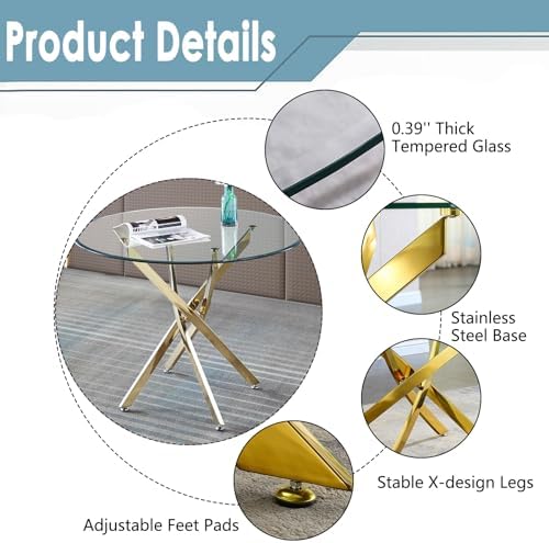 Round Glass Dining Table Set,36'' Glass Kitchen Dining Table Set for 2 4,5-Piece Glass Dinner Table Set with Golden Metal Legs and Velvet Chair Set for Kitchen (Green Chairs3, 36'' Table + 4 Chairs)