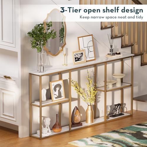 WOHOMO 63 in Entryway Table Modern Sofa Table with Shelves White Gold | 12 Inch Narrow Console Table for Living Room, 63" Hallway Table for Corridor, with 3-Tier Storage