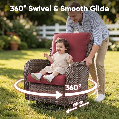 Belord Outdoor Swivel Chairs Set of 2,Patio Wicker Rocker Chairs,All Weather Patio Conversation Furniture Set, Ideal for Porch Balcony Deck Yard, Brown Wicker/Red