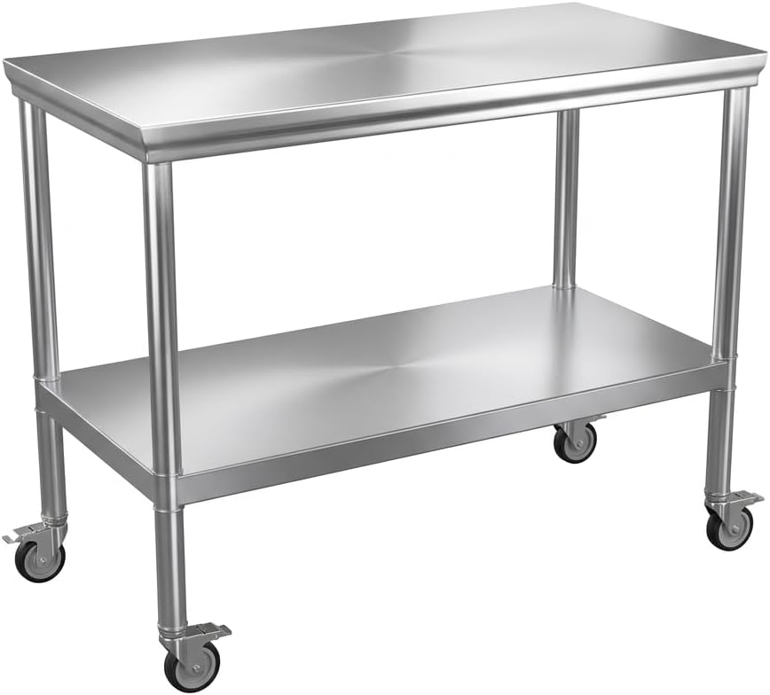 24x48 Stainless Steel Prep Table with Wheels, 1000 lbs, Kitchen, BBQ | Thickened Stainless Steel, 1000-Lb Capacity, Tool-Free Press-Fit Setup, 2-Tier Storage, 4 Locking Casters, 31.5-Inch Height