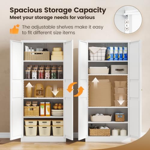 Yizosh Metal Storage Cabinet - 71" White Kitchen Pantry with 2 Doors and 4 Adjustable Shelves, 4-Tier Tall Steel Locker for Living Room, Dining Room