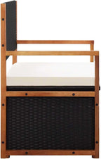 Outdoor Storage Bench with Solid Acacia Wood Accents and Comfortable Cushion, 45.3 inch Poly Rattan Garden Seating for Patio, Deck, and Backyard Organization
