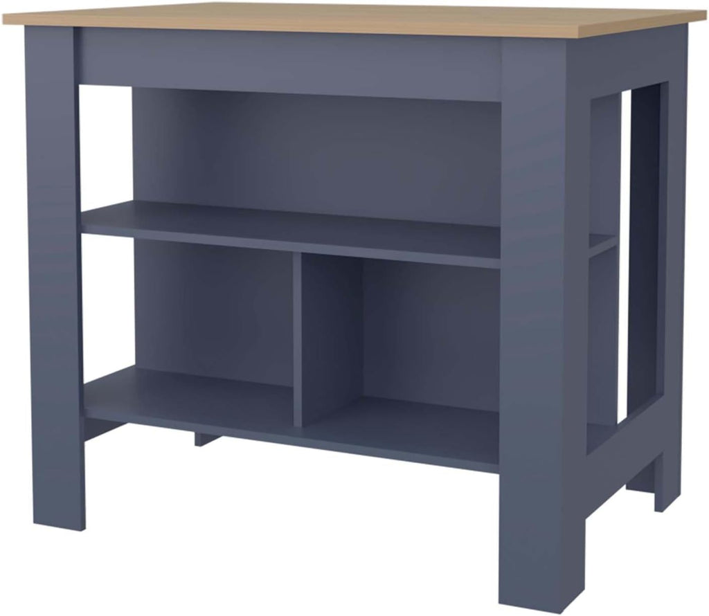 Ash and Blue Kitchen Island with Open Shelf, Particle Board | Two-tone finish with open shelves for organized storage