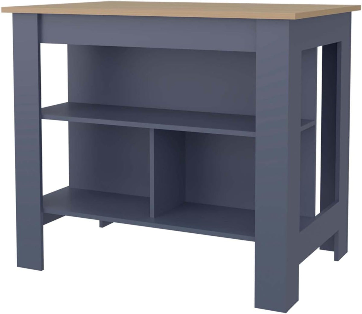 Ash and Blue Kitchen Island with Open Shelf, Particle Board | Two-tone finish with open shelves for organized storage