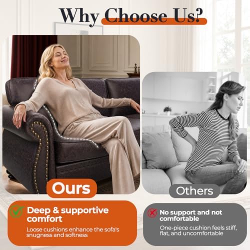Couchus 88" W Living Room Furniture Sets, 3-Seater&Loveseat, Brown | Faux Leather Fabric Sofa and Couch Sets, Mid-Century Sofa Set with Nailhead Trim