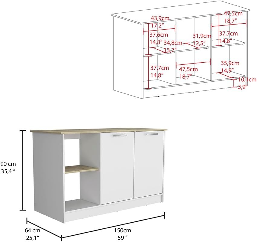 Kitchen Island with Four Open Shelves and Two Cabinets | Multicolor design with light oak and white finish