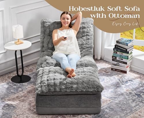 Hobestluk Small Couch Sofa Chaise Lounge Chair Recliner Chair with Footrest | Ergonomic Design,Fluffy Fabric,Multi-Functional Ottoman,No Assembly,Lounge Chair Indoor Living Room Apartment | Grey Single