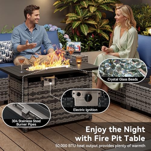 Aoxun 10-Piece Sectional Sofa with 44" Fire Pit, 4" Thicken Cushion, Widen Armrests Wicker for Backyard with Coffee Table, Blue