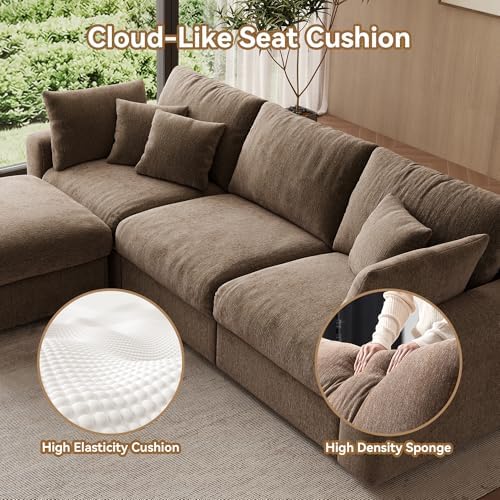 WorthFurni 110” Cloud Sectional Couches for Living Room, Modular Sectional Sofa with Deep Seat, Convertible L-Shape Couch with Storage Ottoman for Bedroom Apartment, Chenille (Brown)