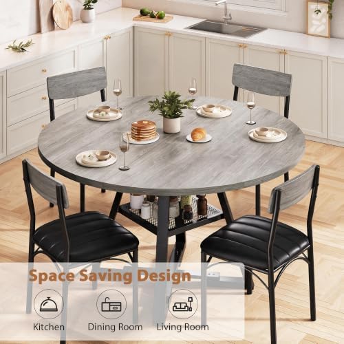 Dining Table Set for 4,Kitchen Table and Chairs for 4, Round Dining Room Table with Upholstered Chairs, 5 Piece Space Saving Circle Wood Kitchen & Dining Room Dinner Dinette Table Set (Gray, 42In)