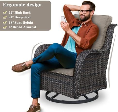 Belord Wicker Outdoor Furniture Patio Furniture Set - 6 Piece Patio Conversation Set with Swivel Rocker Chairs, Rattan Sofa, Ottomans and Coffee Table, Gray Cushion