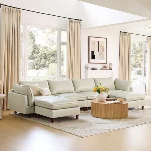 CHITA 161" Leather Super Large Sectional Couches for Living Room, Modular Cloud Sofa, Premium Genuine Leather Sofa, Down Filled, High Density Foam, Real Leather in Cream, 6 Seat U Shaped